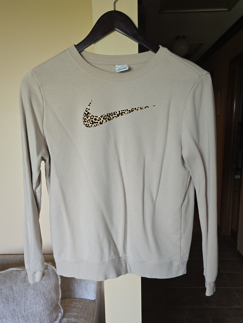 Nike Women's Tan Crewneck Sweater with Leopard Swoosh